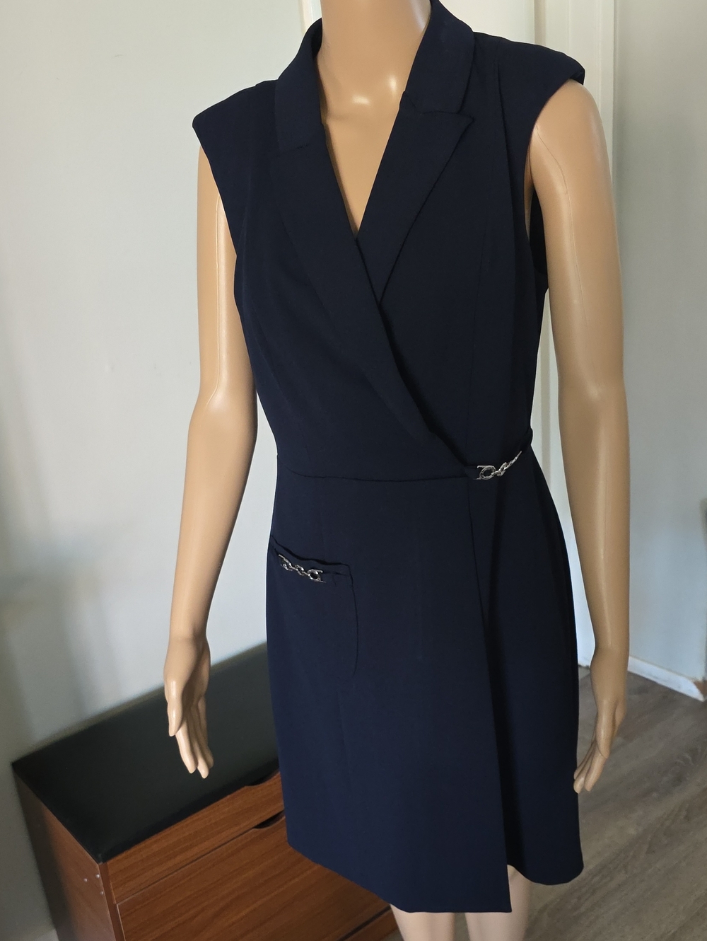 DKNY Navy Sleeveless Wrap Dress with Chain Accents